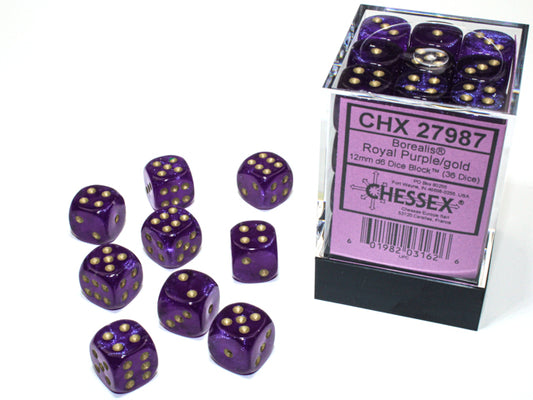 Chessex Borealis Royal Purple/Gold 12mm D6 Luminary Dice Block (36 dice)