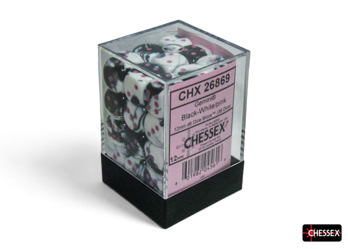 Chessex Gemini Black White/Pink 12mm D6 Dice Block (36 dice)
