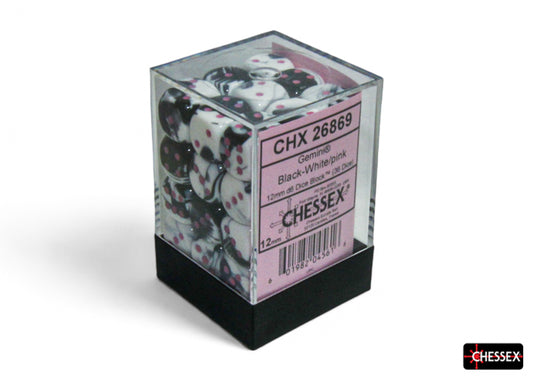 Chessex Gemini Black White/Pink 12mm D6 Dice Block (36 dice)