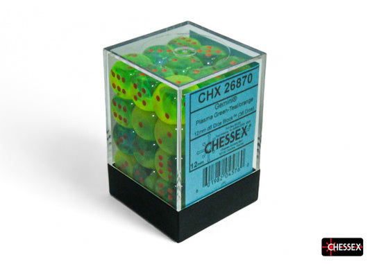 Chessex Gemini Plasma Green Teal/Orange 12mm D6 Luminary Dice Block (36 dice)