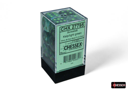 Chessex Borealis Kelp/Light Green Luminary 16mm D6 Dice Block (12 dice)