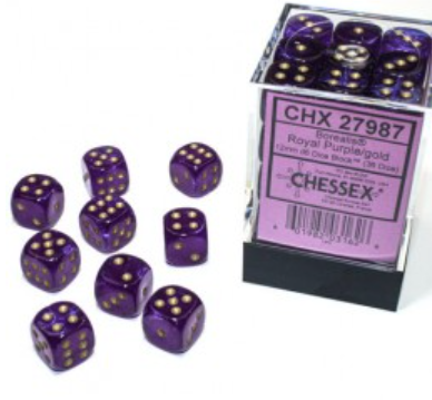 Chessex Borealis Royal Purple/Gold 12mm D6 Luminary Dice Block (36 dice)