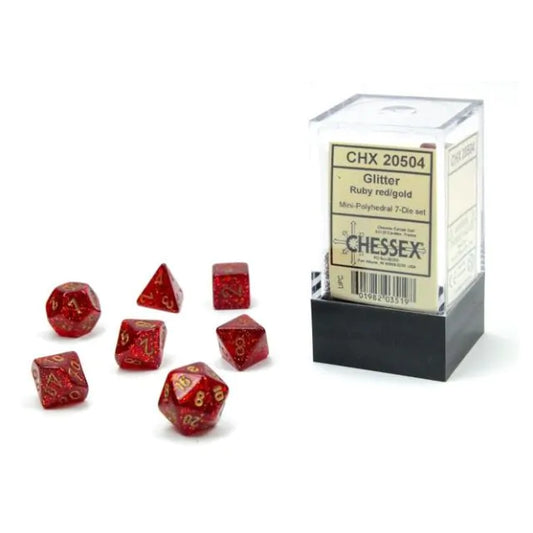 Chessex Mini Hedral 7 Die Set Glitter Ruby Red/Gold