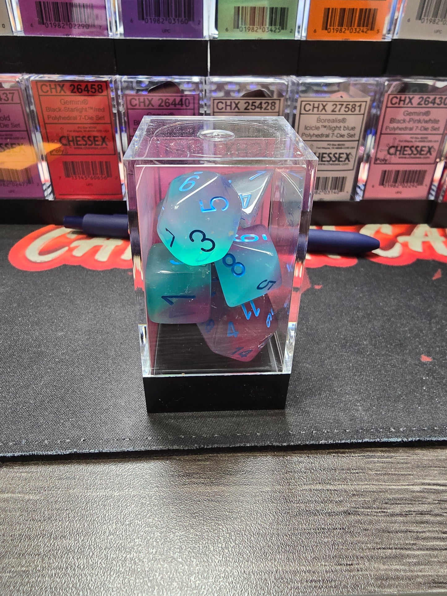 Chessex-Polyhedral 7-Die Set-Gemini-Gel Green-Pink/Blue